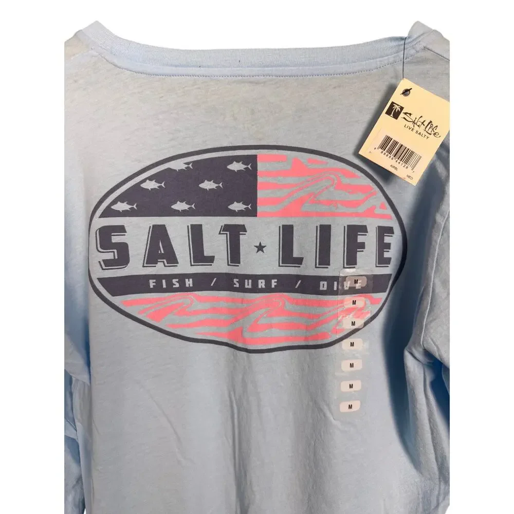 Salt Life Fish Surf Dive Men's Medium Long Sleeve Light Blue Graphic T-Shirt NWT